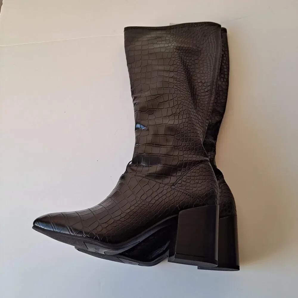 NWT Franco Sarto Tribute Black Croc Faux Leather Knee High Boots WIDE Calf 8.5 M